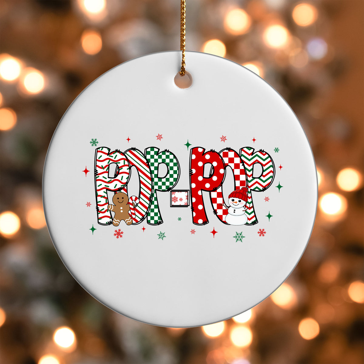 Pop-Pop grandpa name UV DTF transfer on a white ornament with bokeh lights