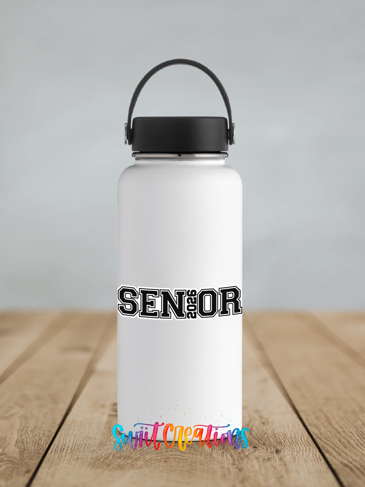 Senior 2026 sticker on a white insulated water bottle