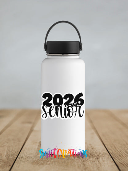 2026 Senior sticker on a white insulated water bottle