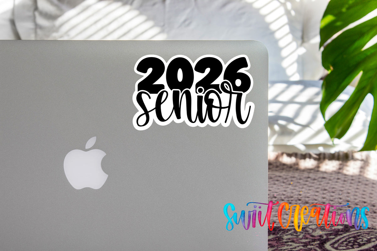 2026 Senior sticker on the lid of a silver laptop