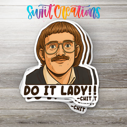 Stack of Do It Lady glossy stickers on a gray wood table