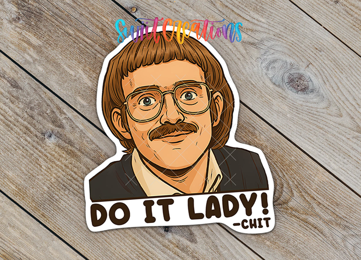 Close-up of the Do It Lady sticker with glasses and mustache illustration on rustic wood