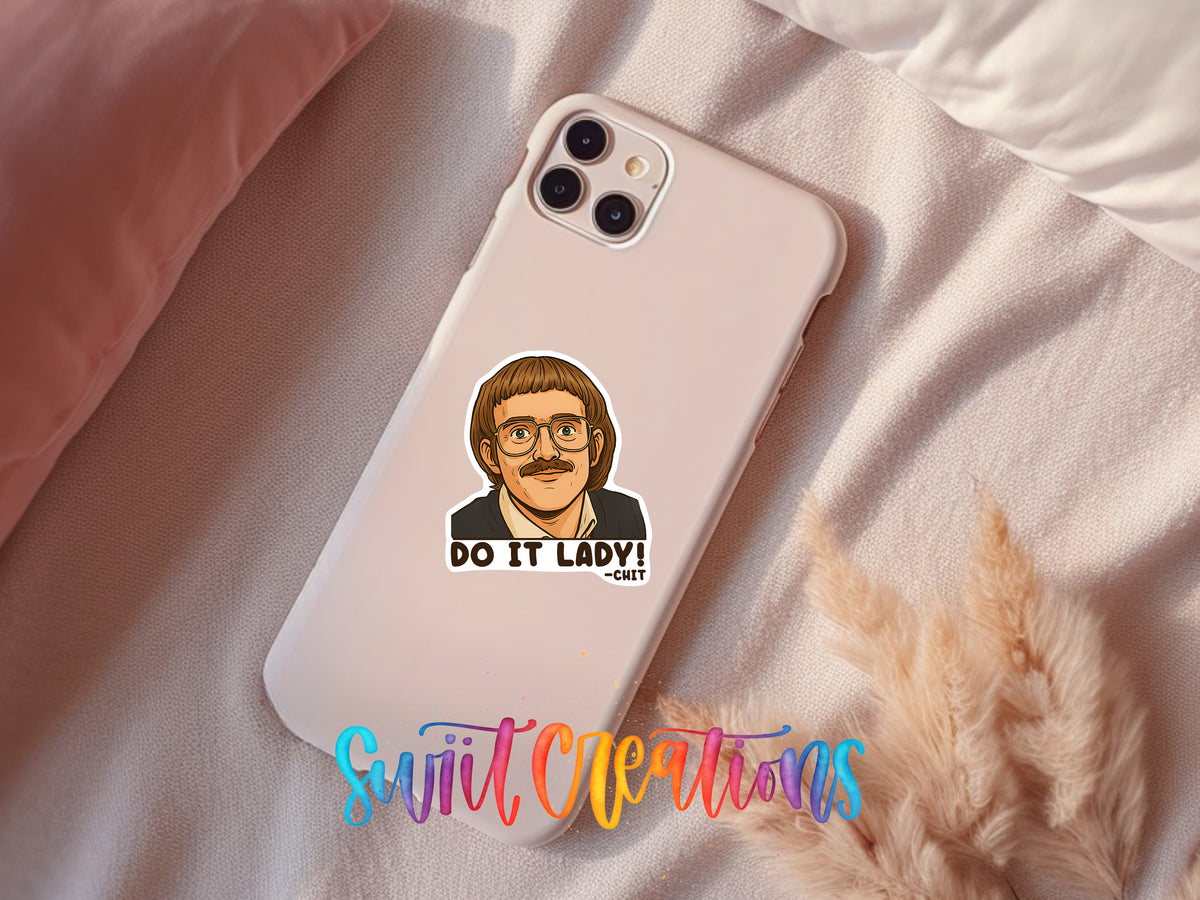 Do It Lady sticker on a pink phone case resting on a bed