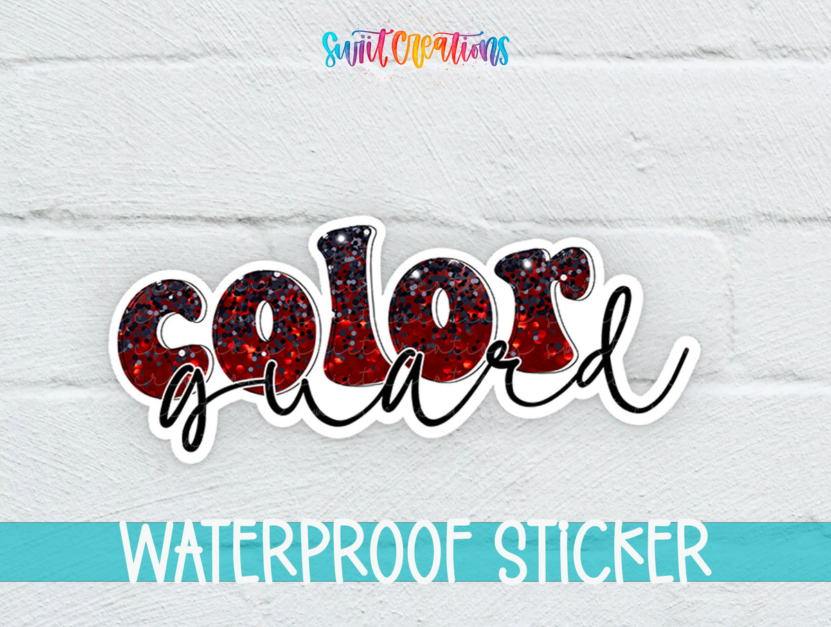Color Guard sticker with red and black glitter-print letters on a white brick background with a waterproof sticker banner