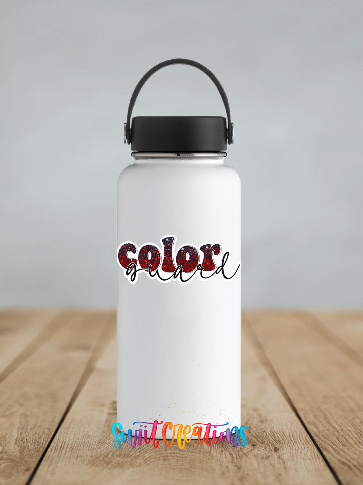 Red and black Color Guard sticker on a white insulated water bottle