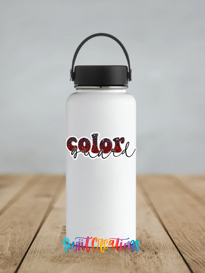 Red and black Color Guard sticker on a white insulated water bottle
