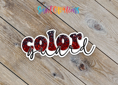 Close-up of the Color Guard sticker with glitter-print color and black script guard on rustic wood