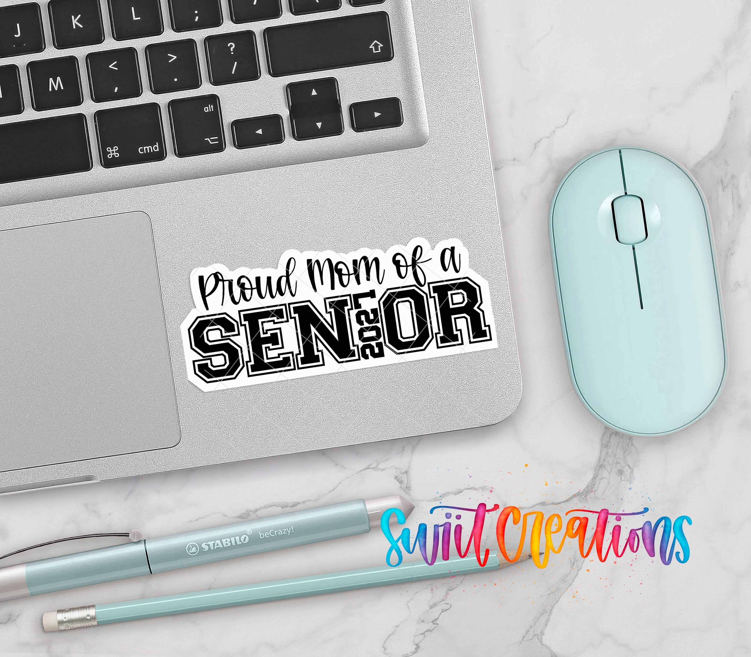 Proud Mom of a 2027 Senior waterproof vinyl sticker displayed on a laptop