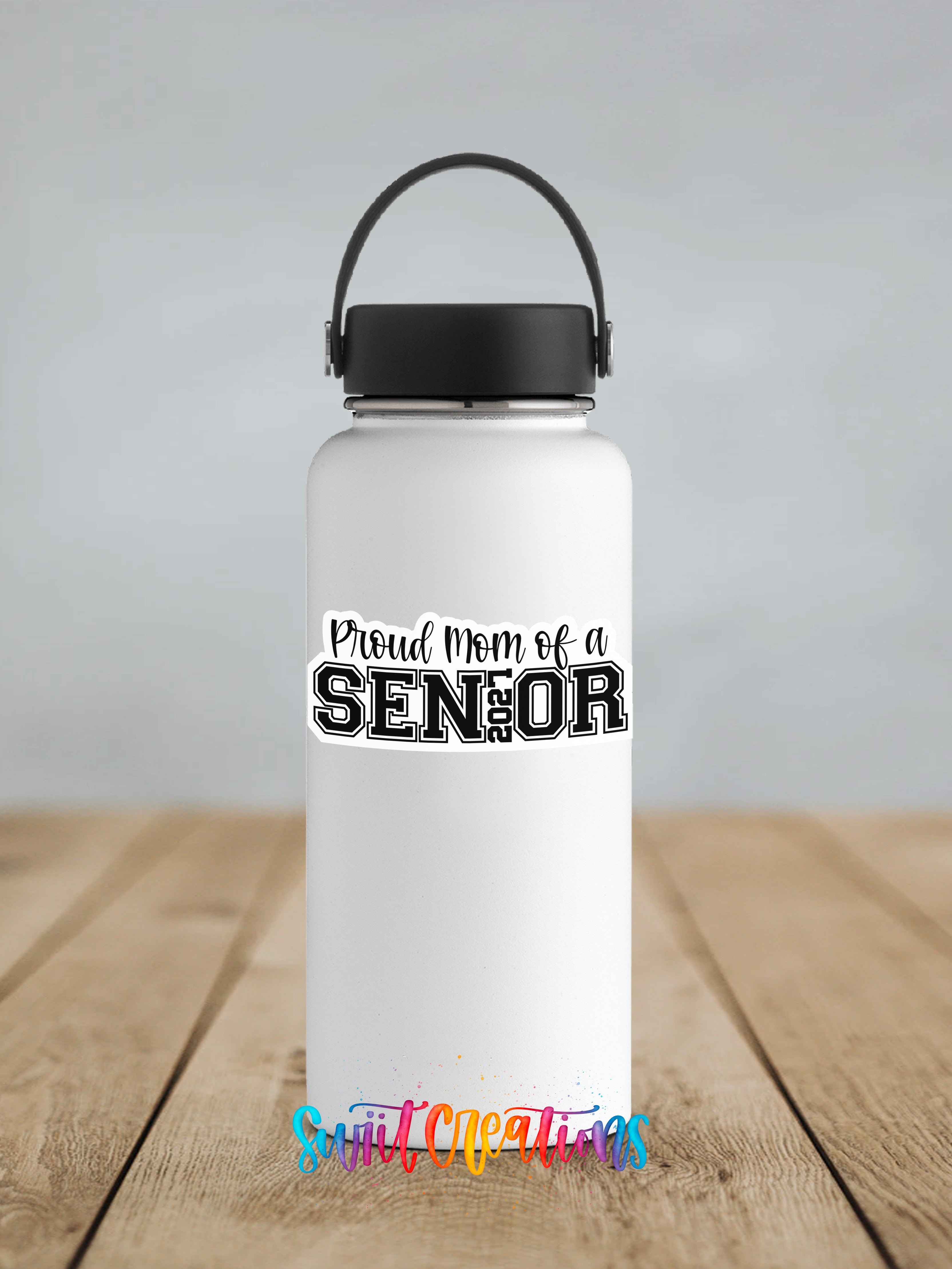 Proud Mom of a 2027 Senior waterproof vinyl sticker displayed on a water bottle