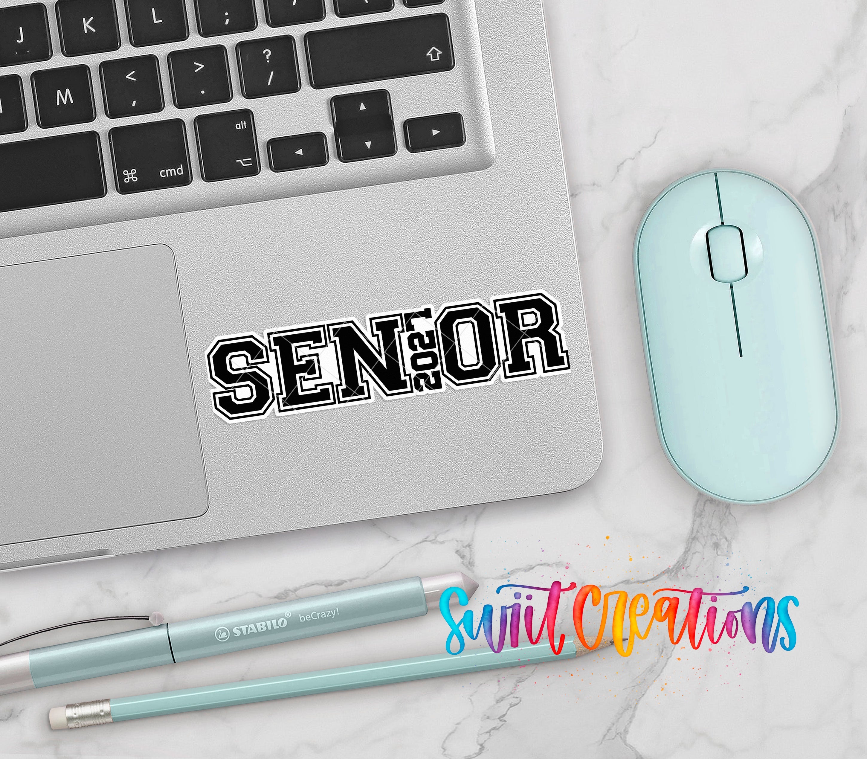 Senior 2027 waterproof vinyl sticker displayed on a laptop