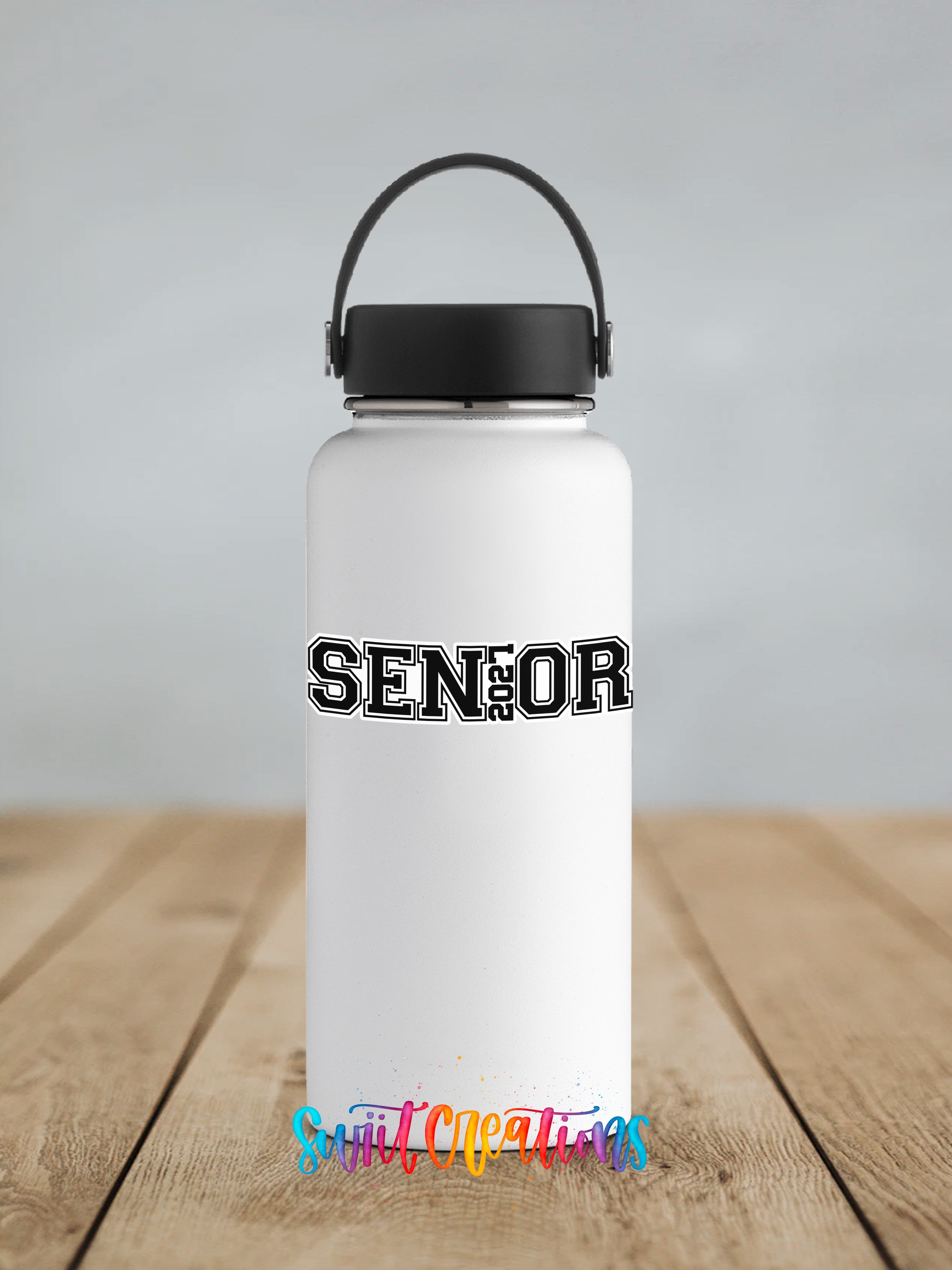 Senior 2027 waterproof vinyl sticker displayed on a water bottle