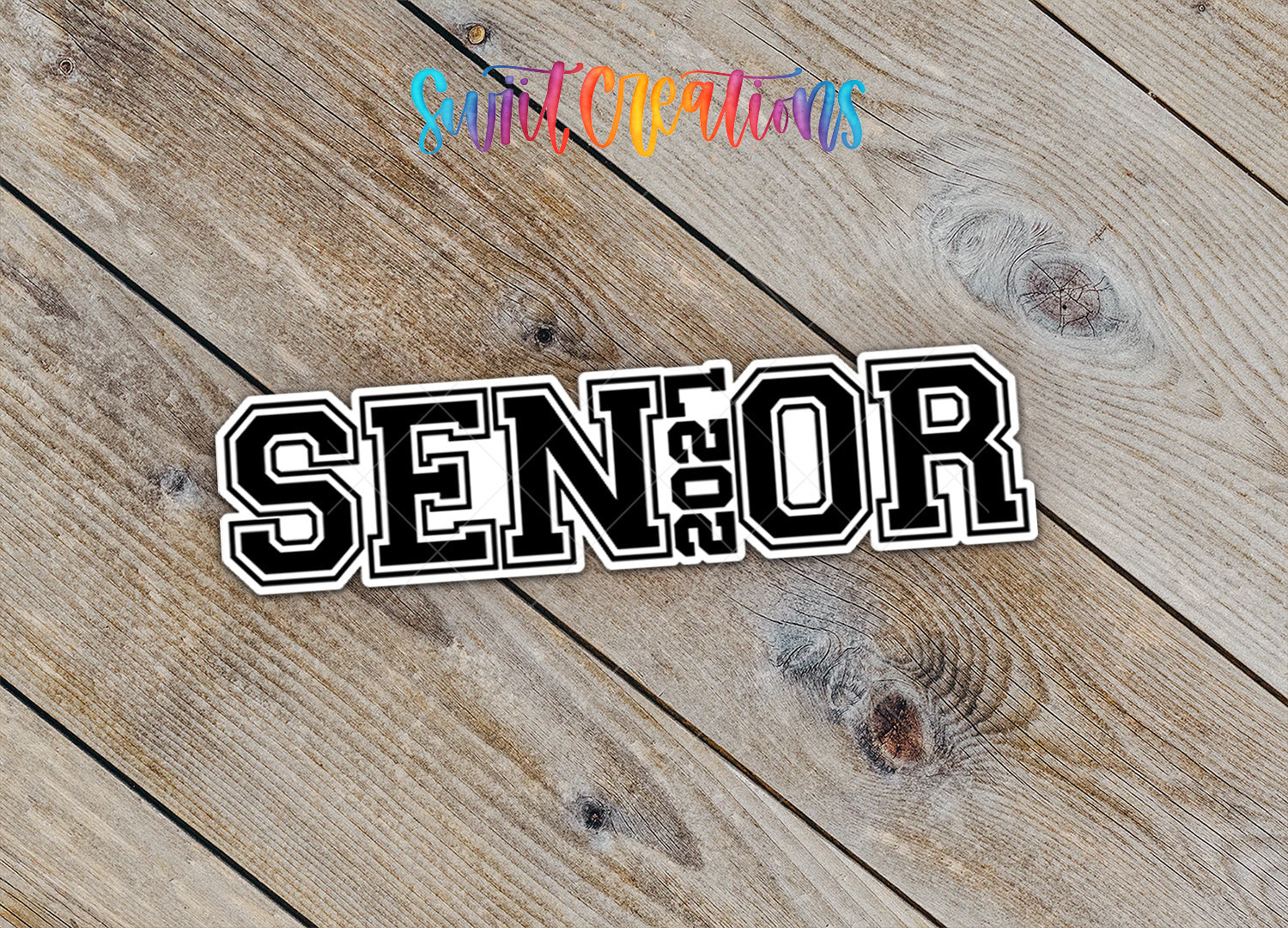Senior 2027 waterproof vinyl sticker on a wood background