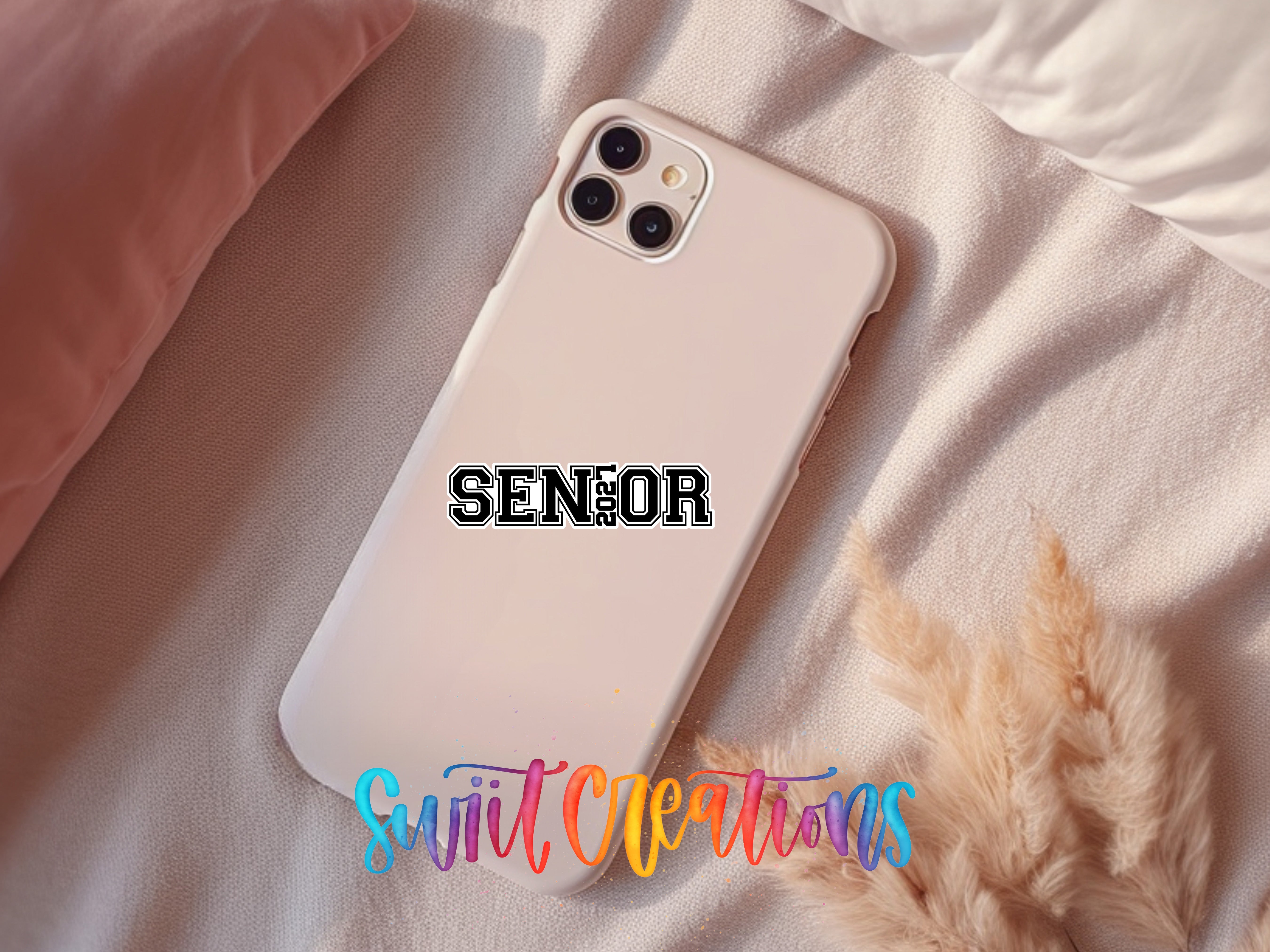 Senior 2027 waterproof vinyl sticker displayed on a phone case