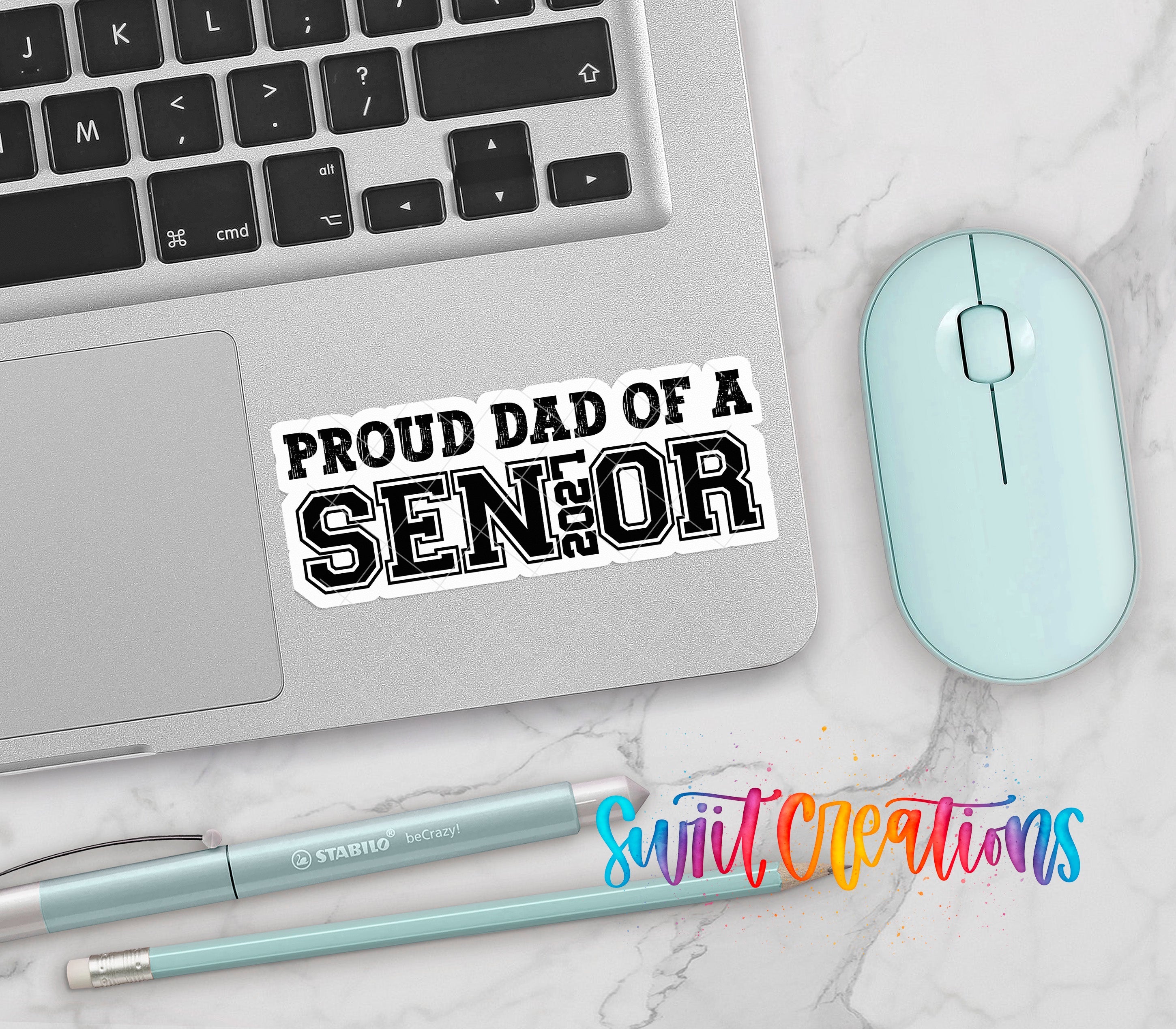 Proud Dad of a Senior 2027 waterproof vinyl sticker displayed on a laptop