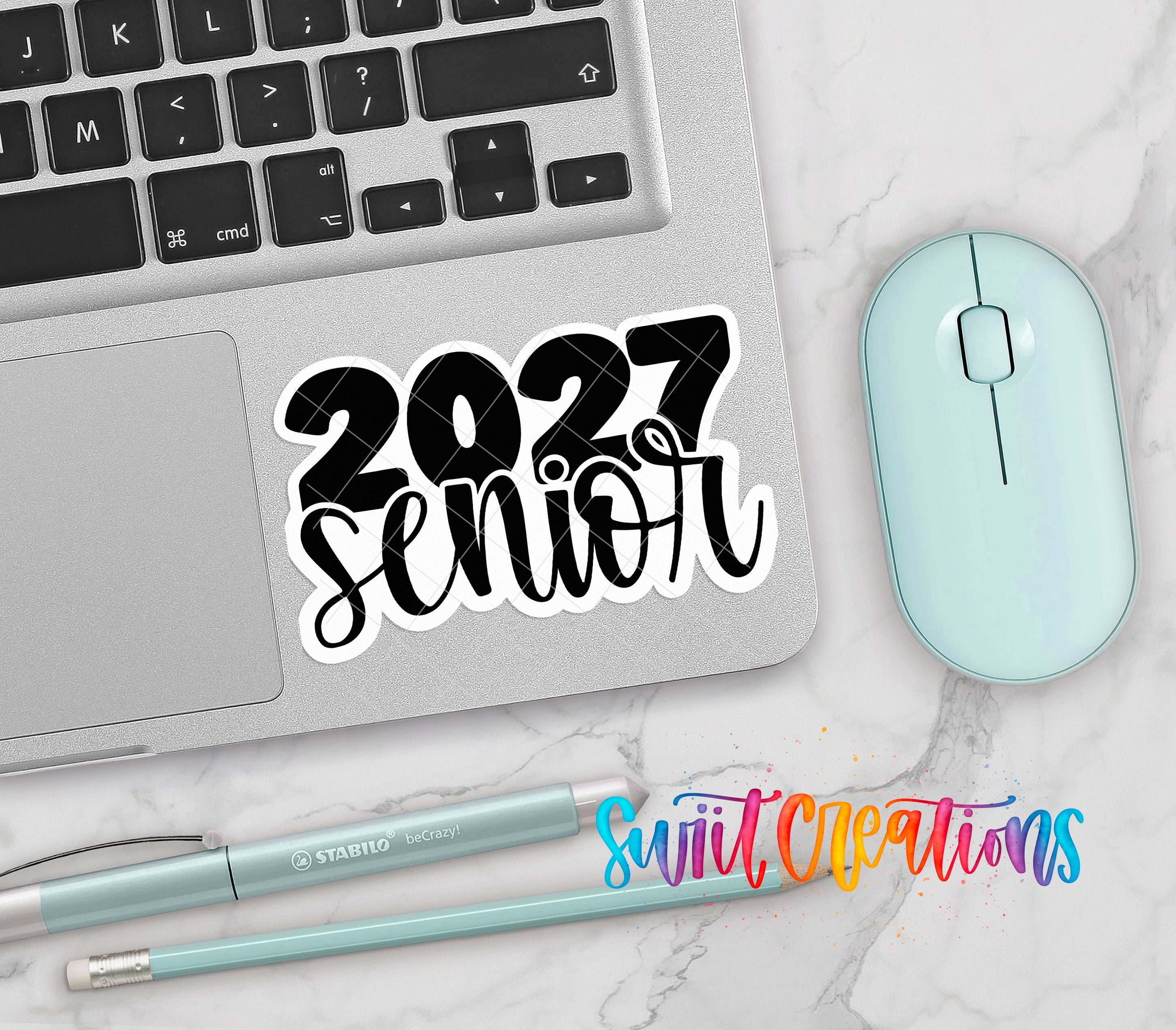 2027 Senior waterproof vinyl sticker displayed on a laptop