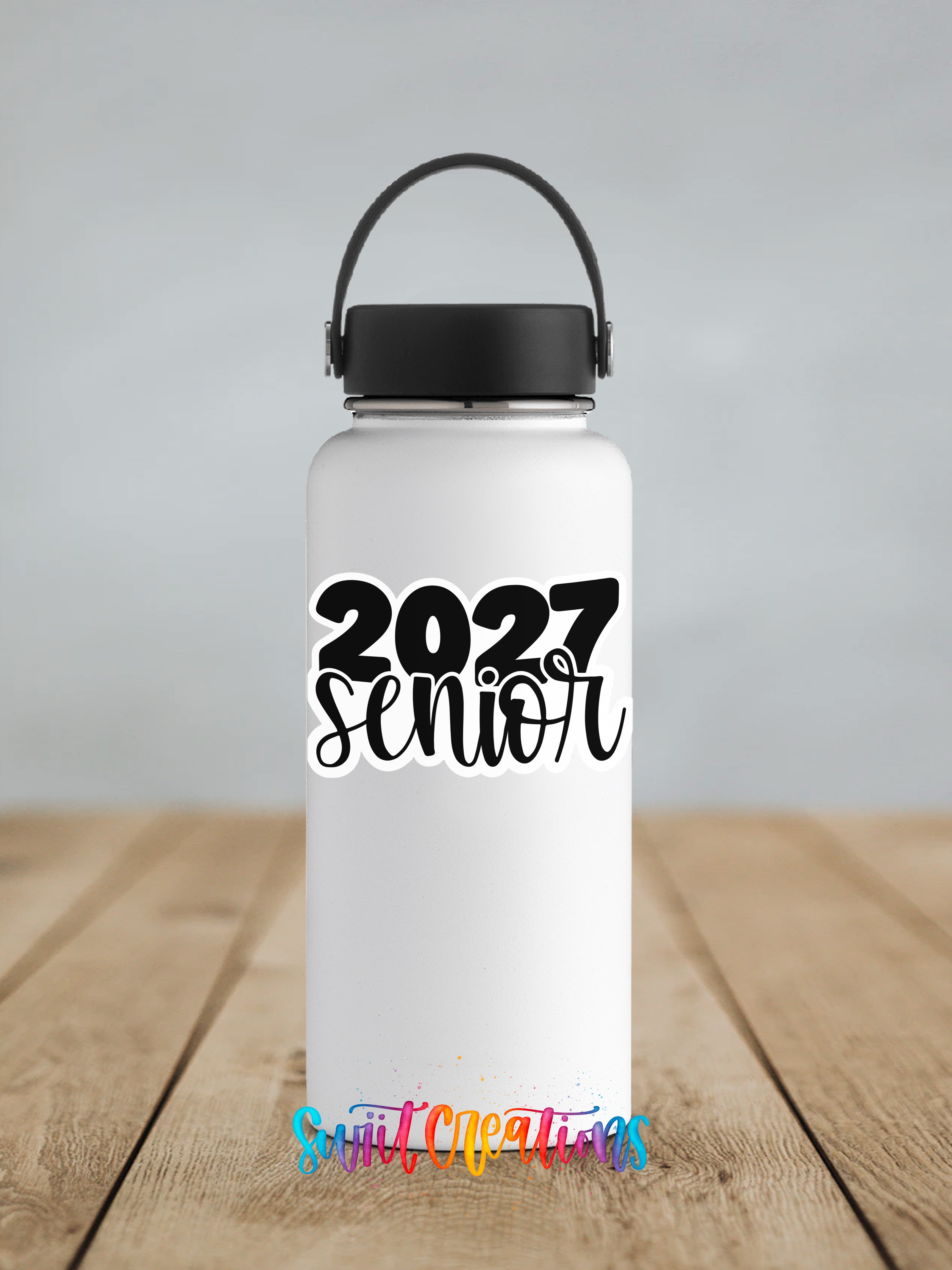 2027 Senior waterproof vinyl sticker displayed on a water bottle