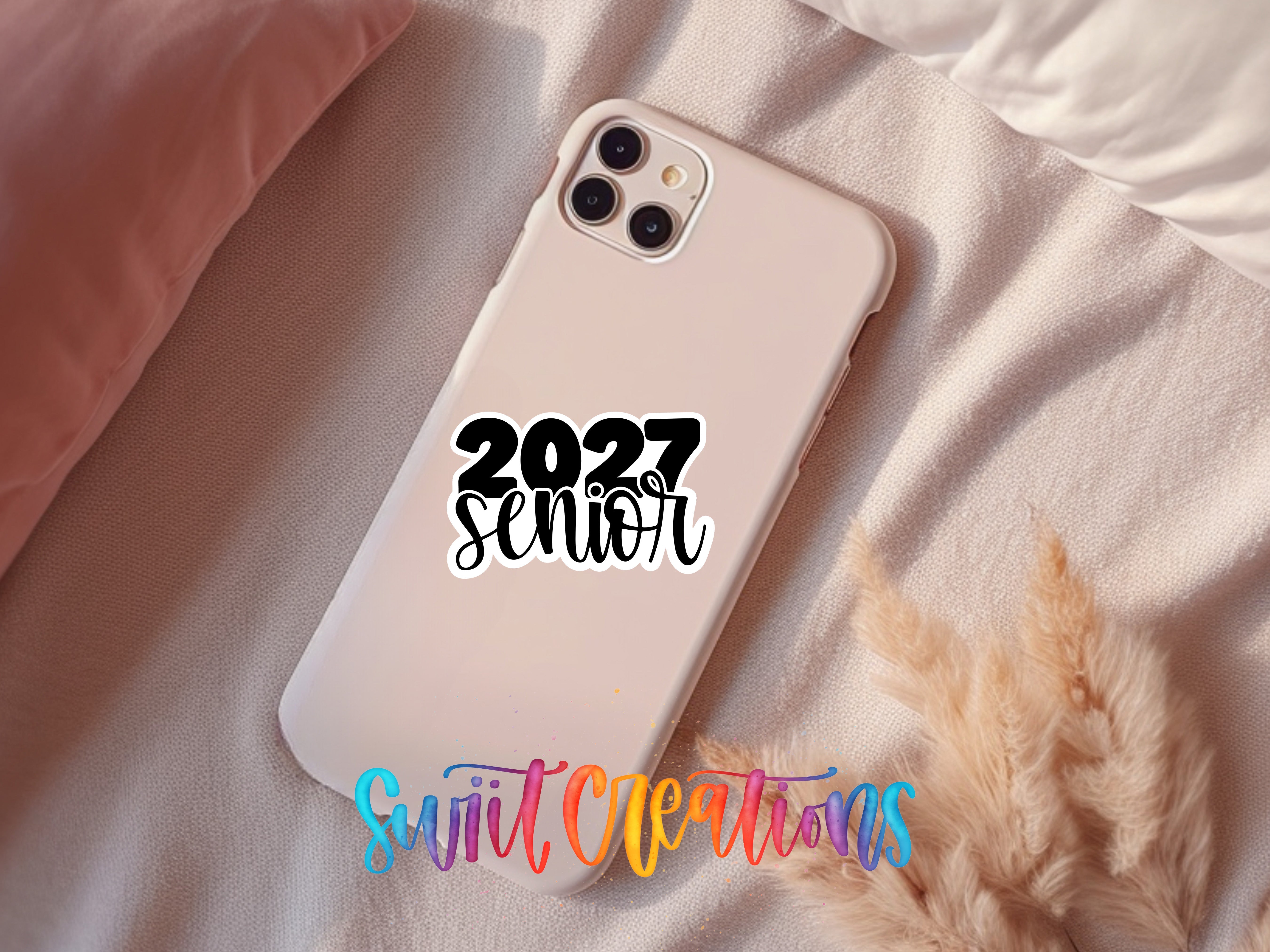2027 Senior waterproof vinyl sticker displayed on a phone case