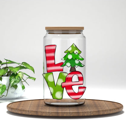 Love Christmas Tree UV DTF transfer on a clear glass can