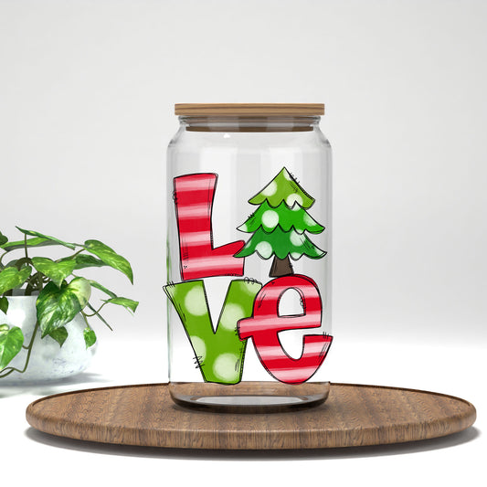 Love Christmas Tree UV DTF transfer on a clear glass can