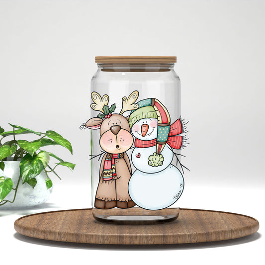 Reindeer and Snowman UV DTF transfer on a clear glass can