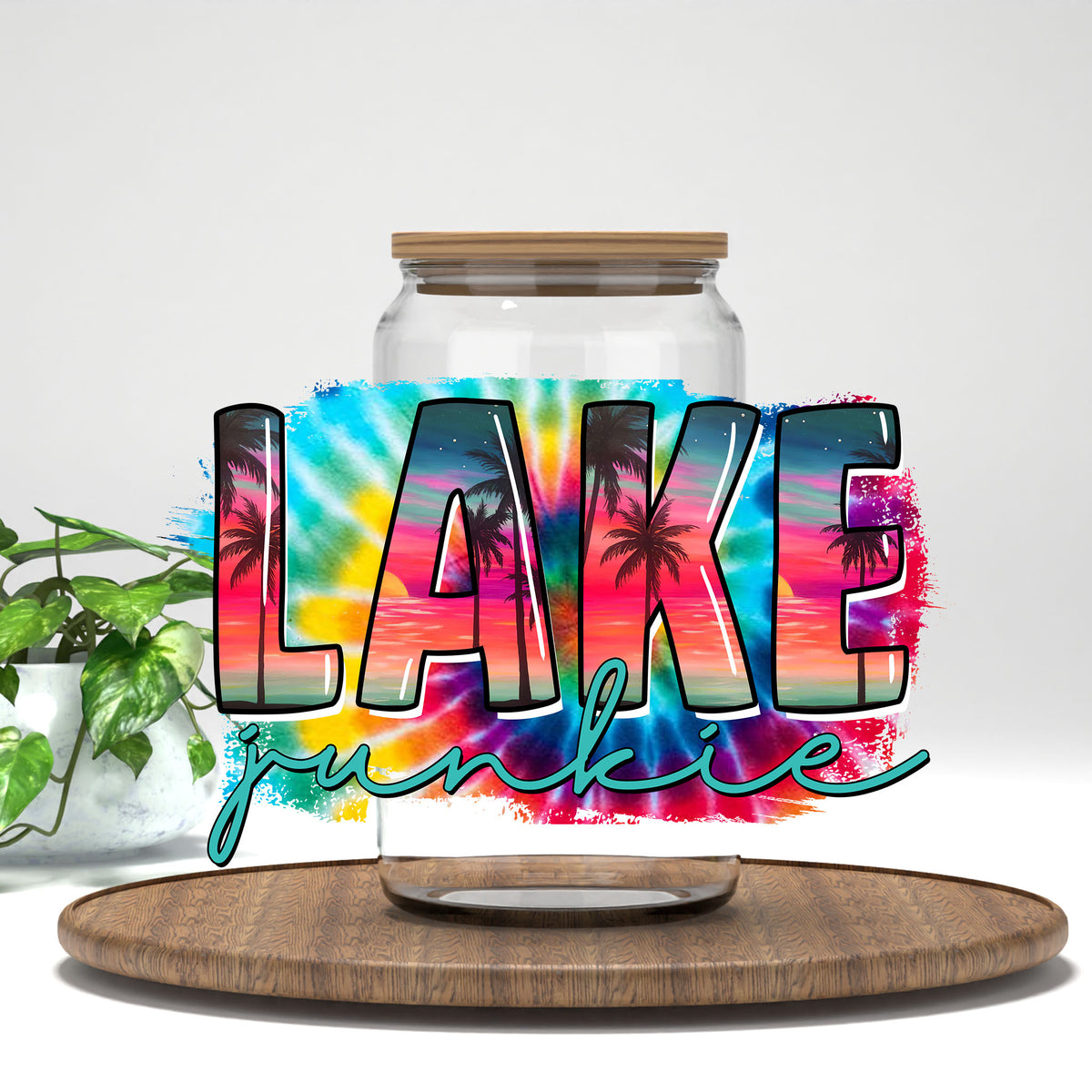 Lake Junkie UV DTF transfer on a clear glass can
