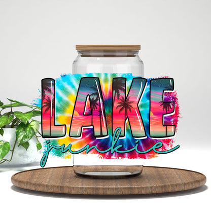 Lake Junkie UV DTF transfer on a clear glass can