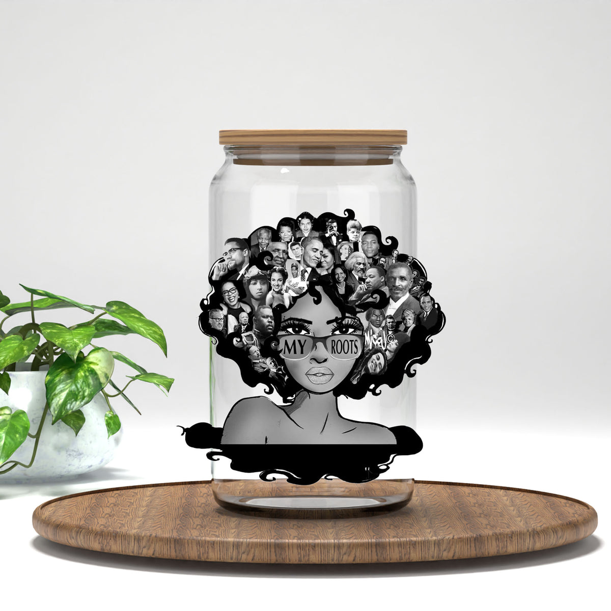My Roots UV DTF transfer on a clear glass can