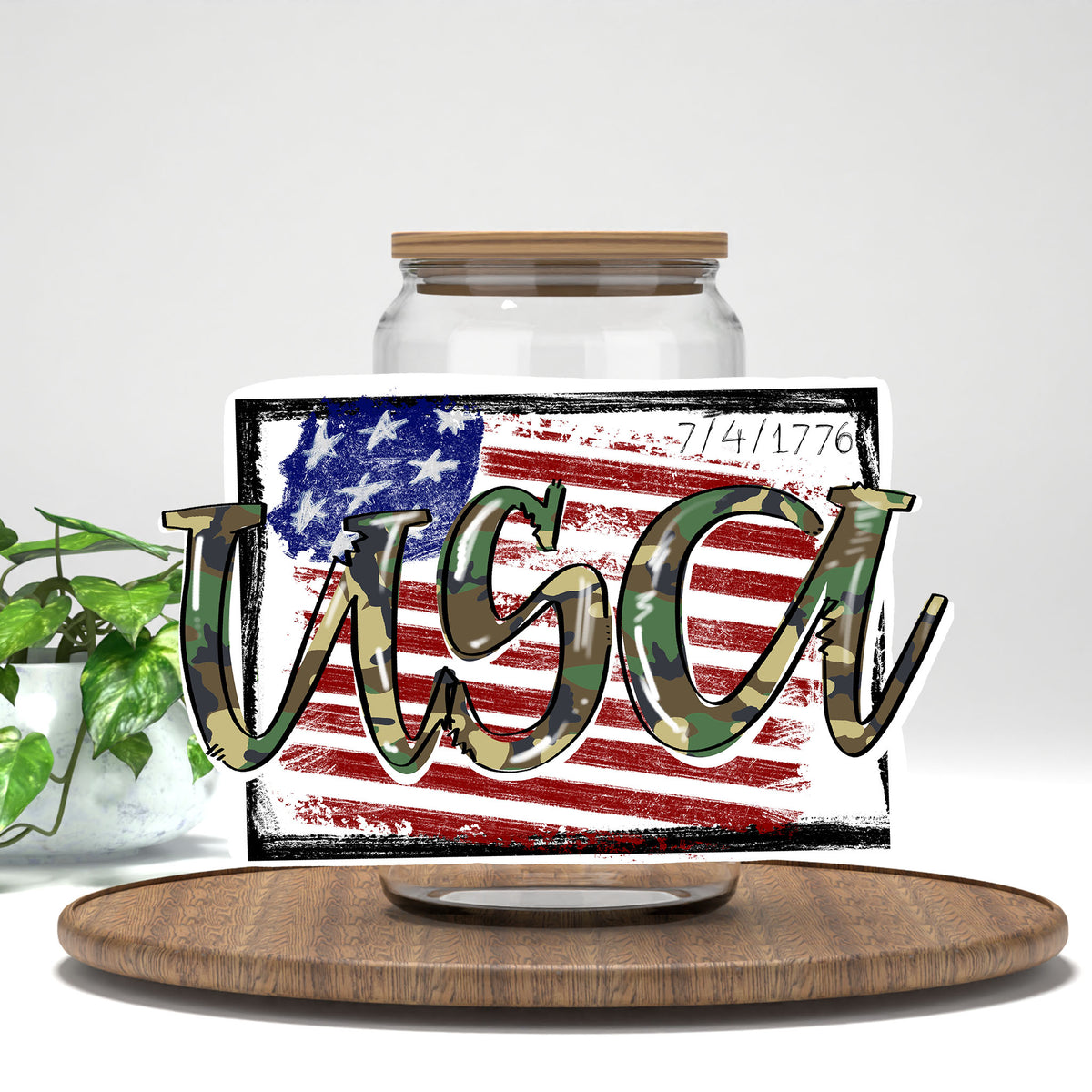 USA 1776 UV DTF transfer on a clear glass can