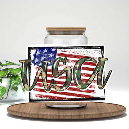 USA 1776 UV DTF transfer on a clear glass can