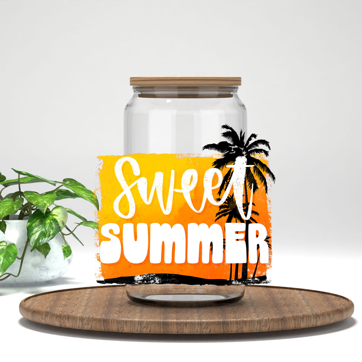 Sweet Summer UV DTF transfer on a clear glass can