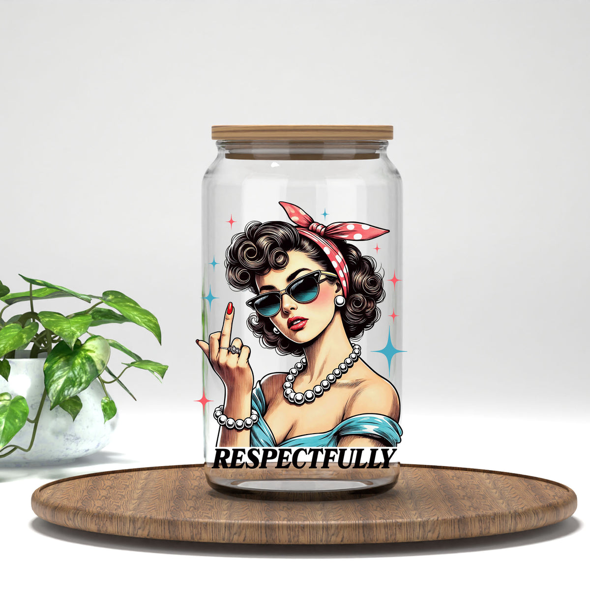 Respectfully retro pin up in pearls UV DTF transfer on a clear glass can