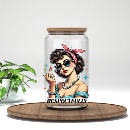 Respectfully retro pin up in pearls UV DTF transfer on a clear glass can