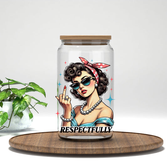 Respectfully retro pin up in pearls UV DTF transfer on a clear glass can