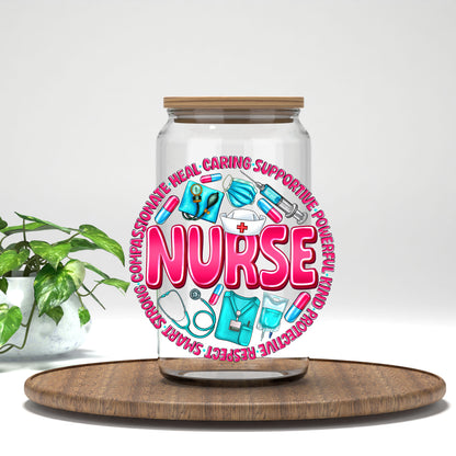 Nurse pink circle UV DTF transfer on a clear glass can