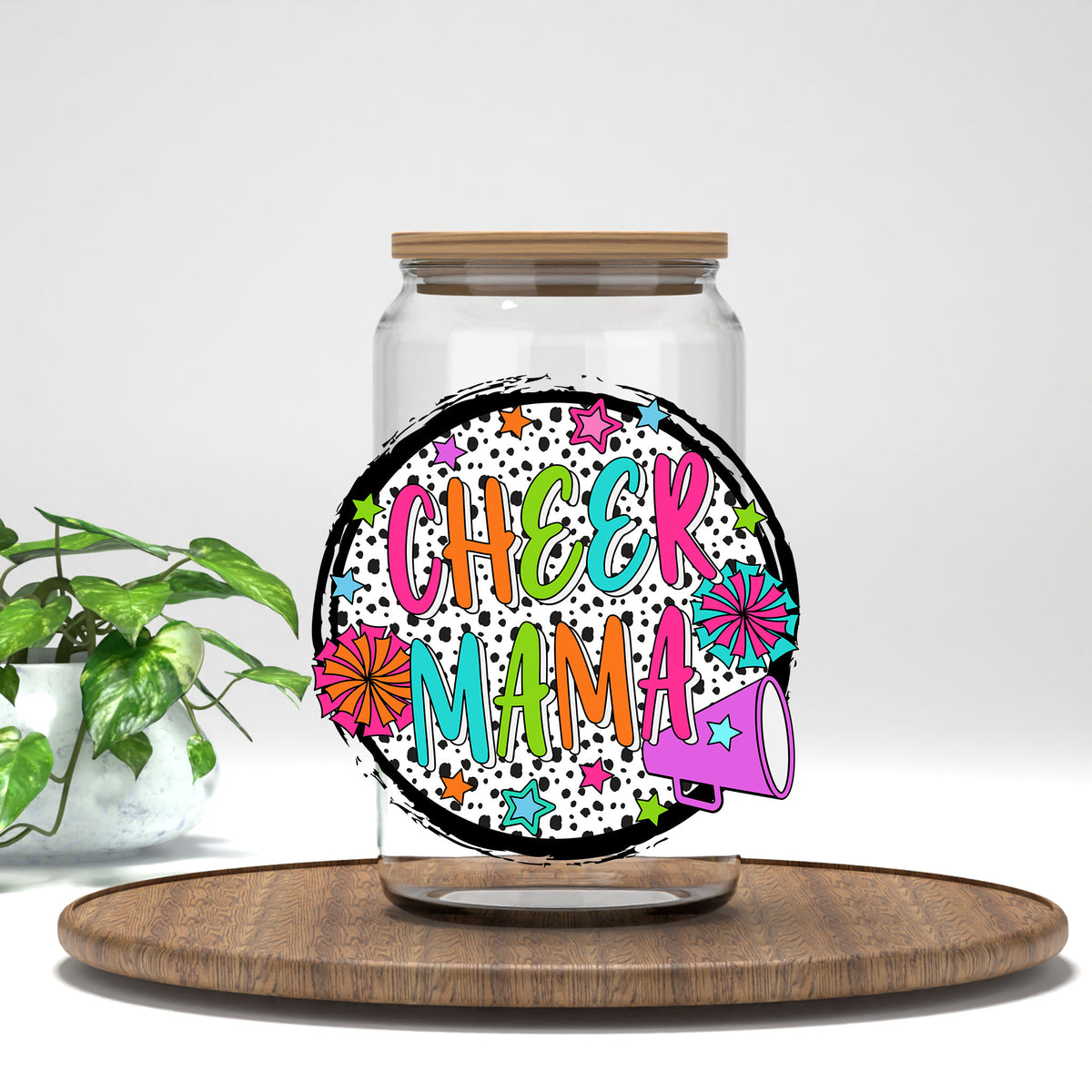Cheer Mama UV DTF transfer on a clear glass can