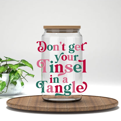 Don't Get Your Tinsel in a Tangle UV DTF transfer on a clear glass can