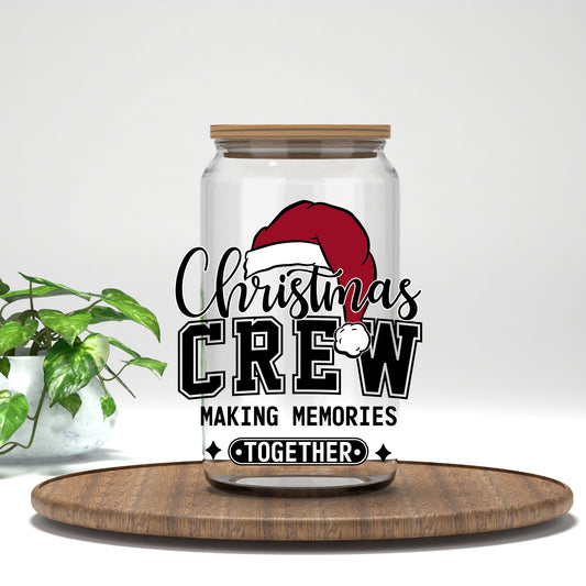 Christmas Crew UV DTF transfer on a clear glass can
