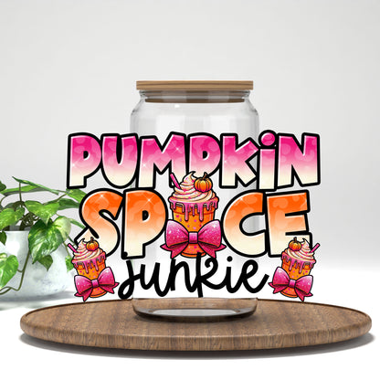 Pumpkin Spice Junkie pink bow cupcakes UV DTF transfer on a clear glass can
