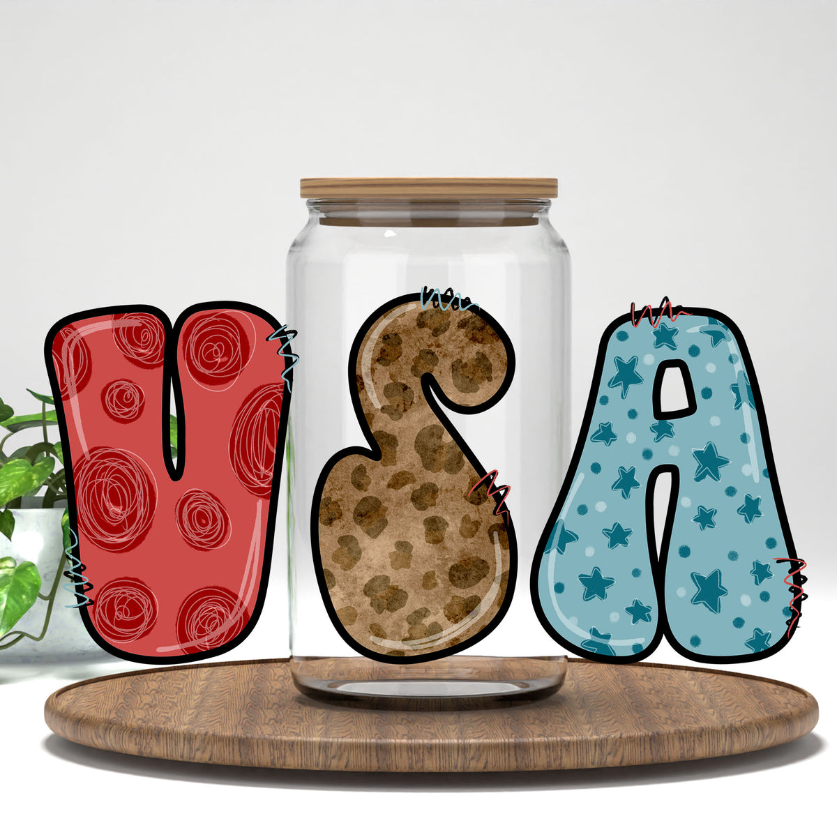 USA patterned letters UV DTF transfer on a clear glass can