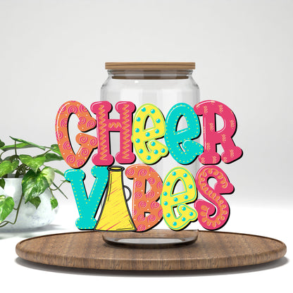 Cheer Vibes UV DTF transfer on a clear glass can