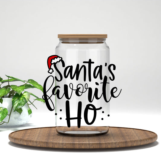 Santa's Favorite Ho UV DTF transfer on a clear glass can