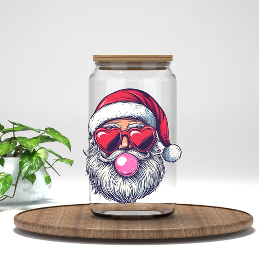 Bubble Gum Santa UV DTF transfer on a clear glass can