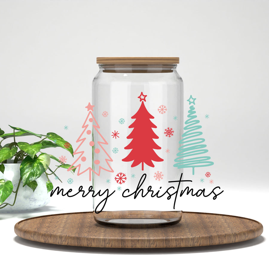 Merry Christmas UV DTF Transfer | Pink, Red, and Teal Trees | UV1149