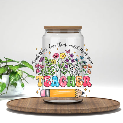Teacher UV DTF transfer on a clear glass can