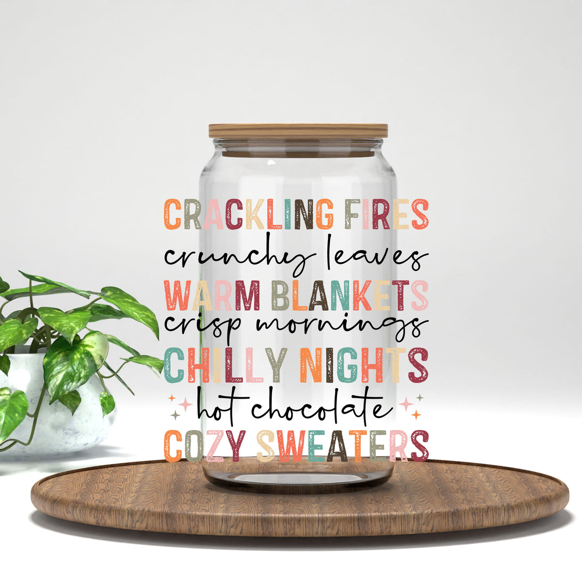Crackling Fires UV DTF transfer on a clear glass can