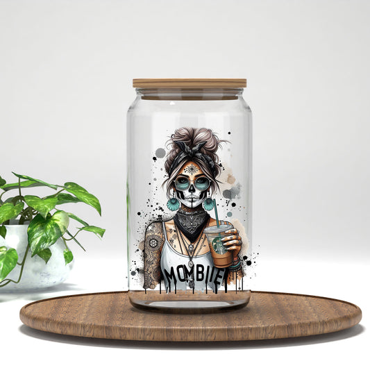Mombie UV DTF transfer on a clear glass can