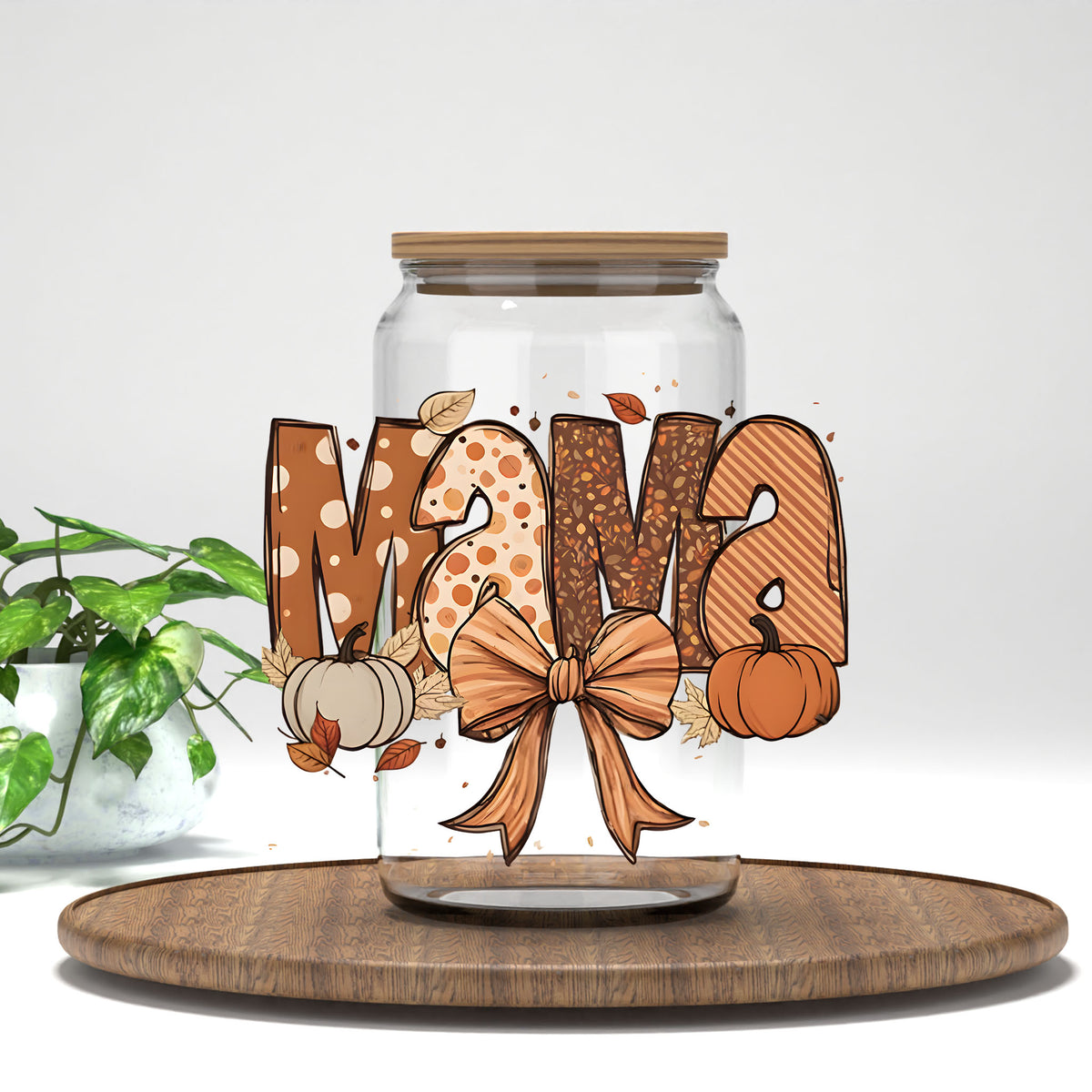 Fall Mama UV DTF transfer on a clear glass can