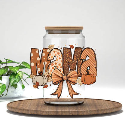 Fall Mama UV DTF transfer on a clear glass can