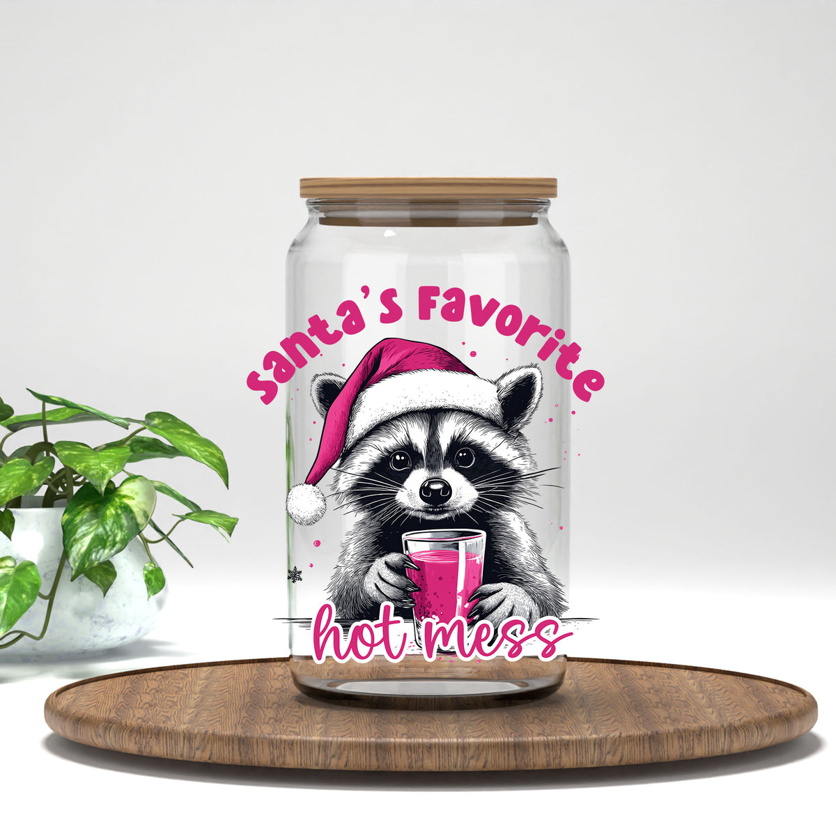 Santa's Favorite Hot Mess UV DTF transfer on a clear glass can
