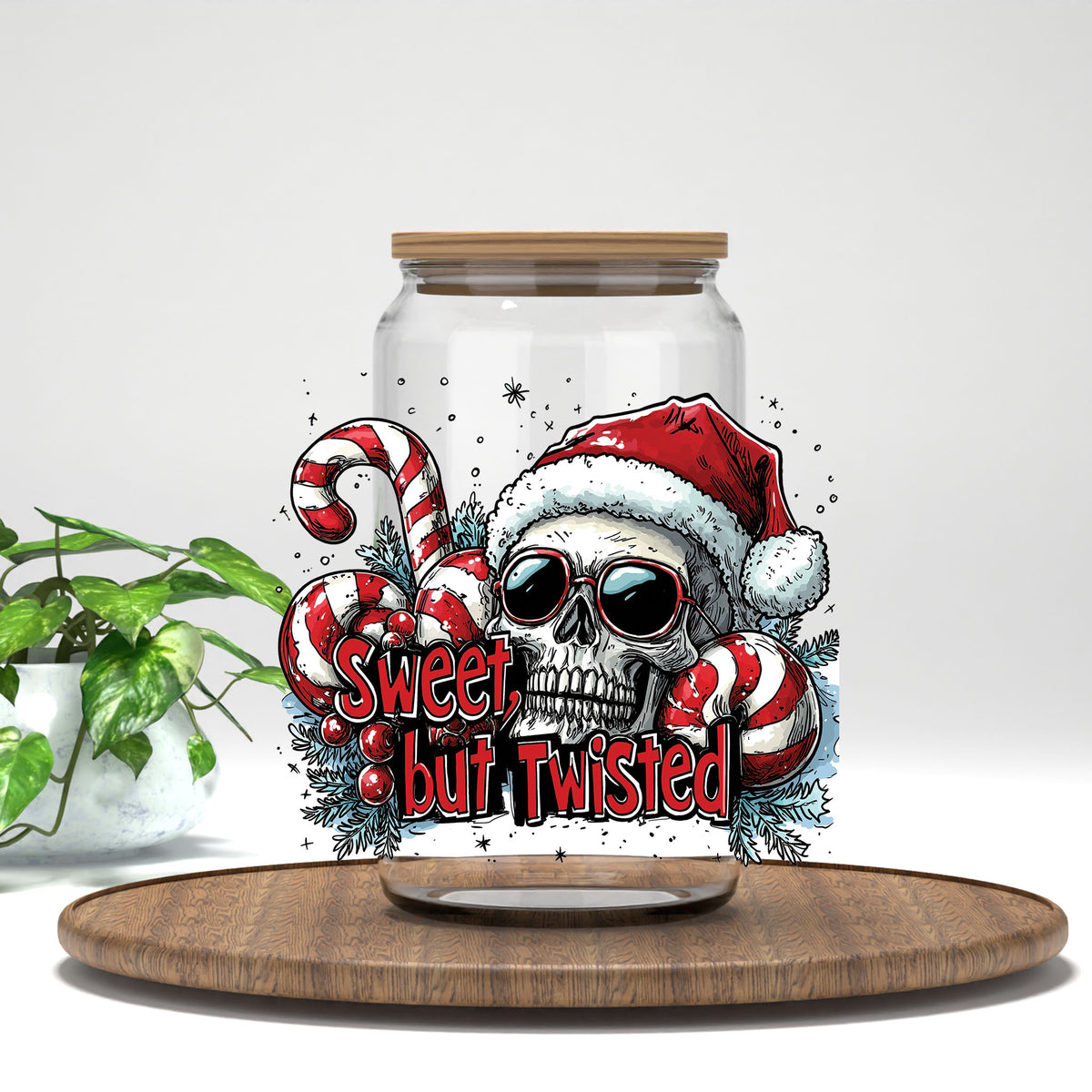 Sweet but Twisted UV DTF transfer on a clear glass can